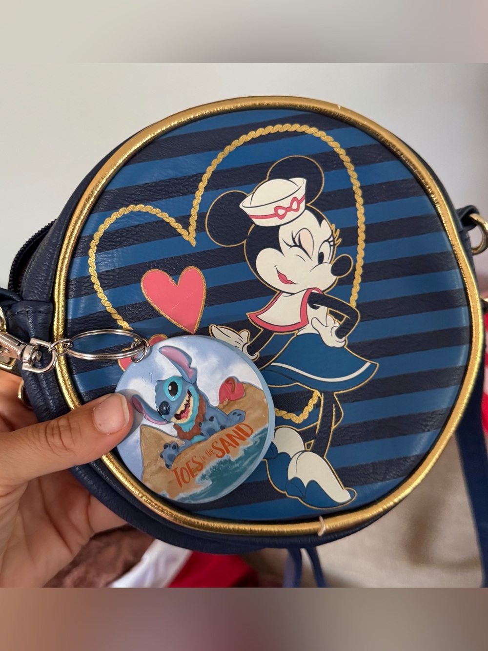 Disney cruise line Minnie Mouse Navy Striped Crossbody Bag with Stitch Keychain